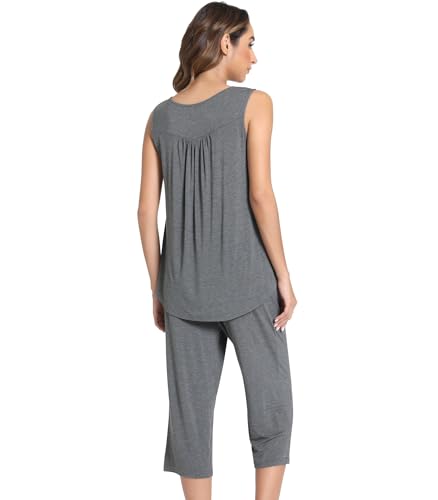 Image of NACHILA Pajamas for Women-Viscose Made from Bamboo, Sleeveless Pjs Top and Capri Pants Pajama Set Cool Pleated Sleepwear