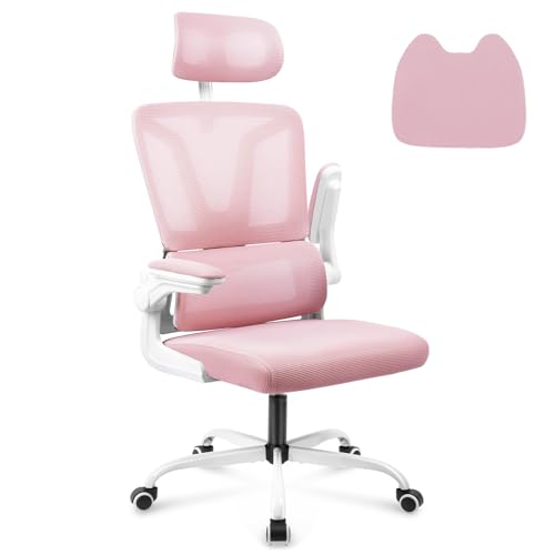 Soontrans Silla Ergonomica de Oficina, Silla Escritorio con Cojín Lumbar, Reposacabezas Ajustable y 3D Apoyabrazos Plegable, Silla Giratoria con Función de Inclinación, Altura Regulable, Rosa
