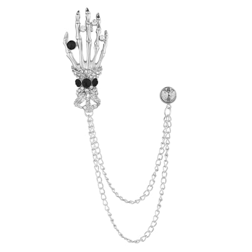 Image of Gothic Halloween Skull Hand Brooch Pin for Women Men Punk Vintage Crystal Skeleton Tassel Chain Lapel Pins Dark Skull Brooches Sweater Suit Accessory