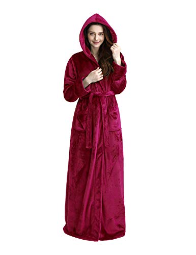 Albornoz largo con capucha para mujer, de forro polar, largo completo, con capucha, ropa de dormir de invierno - Rojo - M