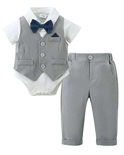 Image of DISAUR Baby Boy Clothes Toddler Boy Outfits 4PCS Gentleman Dress Romper /Vest /Pants /Bow Tie Cotton Suit Sets