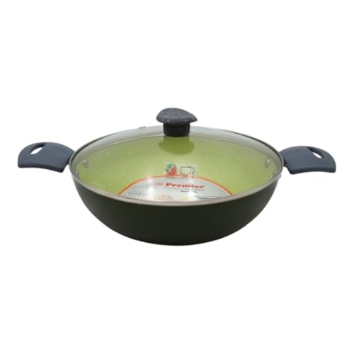 Premier Ceramic Kadai 26cm with Induction Base and Glass Lid | Non-Stick Eco-Friendly Cookware | Ideal for Curries Stir-Fries and Deep Frying | Heat-Resistant Handles