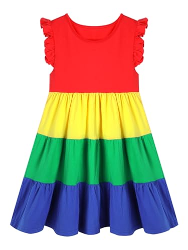 Image of HILEELANG Girls Cotton Tiered Dress Flutter Ruffle Sleeve Summer Swing Sundress Birthday Party Casual Outfit Colorblock 2-12Y