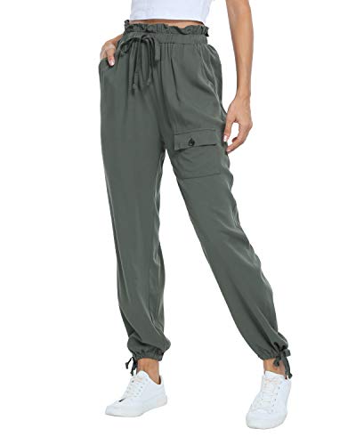 andy & natalie Women\'s Elastic Waist Cargo Drawstring Pants Paper Bag Pockets Ankle Tie Jogger Sweatpants Trouser Green