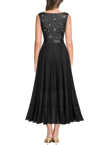 Miusol Women's Vintage V-Neck Sleeveless Sequined Floral Lace Ruffle Split Evening Party Dress2