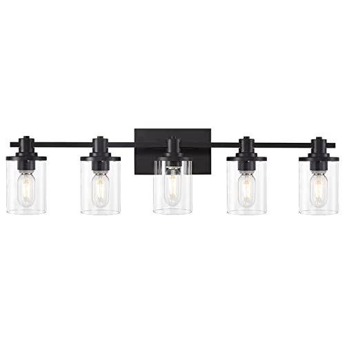 5 Light Bathroom Vanity Light, Modern Matte Black Bathroom Vanity Light Fixtures With Clear Glass Shade, Vintage Wall Sconces Lighting, Modern Bath Wall Mounted Lights For Bathroom Over Mirror #TOP6