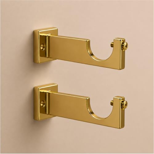 Image of Elite Aluminum Curtain Rod Brackets - Heavy-Duty Wall Mount Clamps for Curtain Rod Support for Door and Window Curtain Rods with Screw and Wall Plug - Pack of 2PCS (EliteCurve) (Gold)
