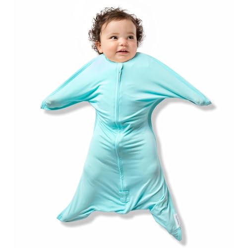 Image of SleepingBaby Bamboo Zipadee-Zip Transition Swaddle - EverSoft Starfish Design Breathable Wearable Blanket with Two-Way Zipper, Medium (6-12 months), Sea Glass