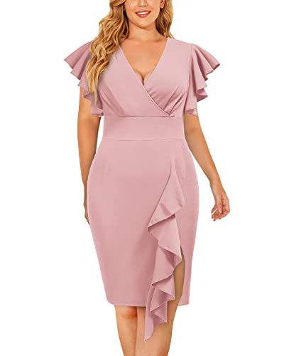 Image of Miusol Women's Plus Size Vintage V Neck Ruffles Sleeve Bodycon Business Cocktail Party Pencil Dress
