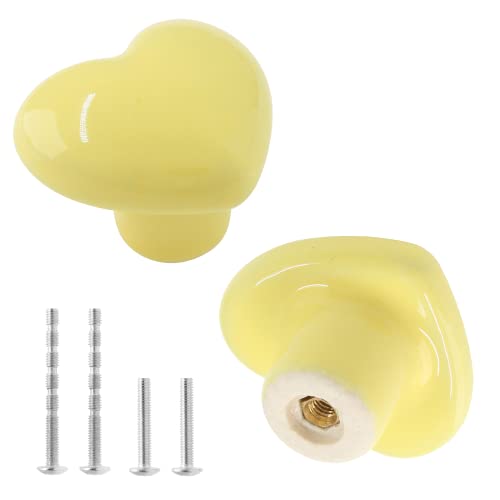 Qjaiune 2pcs Ceramic Cabinet Knobs Yellow Drawer Knobs, Heart Shaped Dresser Knobs Cute Kitchen Cabinet Pull Handles, Small Vanity Knobs Hardware Round Cupboard Knobs for Kids Girls Children's Bedroom