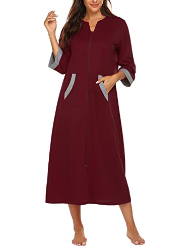 Image of Ekouaer Women Zipper Robe 3 /4 Sleeves Loungewear Dress Full Length Sleepwear Pockets Housecoat Nightgown Long Bathrobe