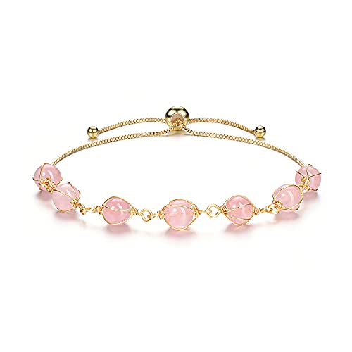 PESOENTH Rose Quartz Crystal Crystal Healing Bracelet 14K Gold Wire Wrapped Natural Pink Gemstone Beads Anxiety Yoga Medititaion Spiritual Bracelet for
