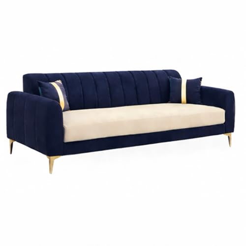 Image of Hermione Luxe Velvet-Suede Fabric 3 Seater + 2 Seater Sofa Set | Golden Legs | Comfortable & Spacious Seating | Modern Sofa Set for Living Room - Dark Blue & Cream