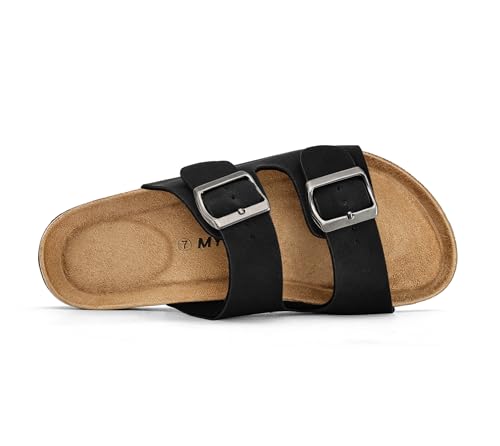Image of mysoft Womens Flat Sandals Cork Footbed Slides with 2 Straps | Adjustable Buckle Slip On Comfortable Casual Light Weight Summer sandals