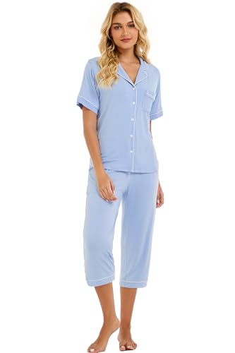 Image of LUBOT Womens Bamboo Viscose Pajamas for Women PJ Set 2 Piece Cooling Soft Short Sleeve Capri Pants Summer Sleepwear Set S-XXL