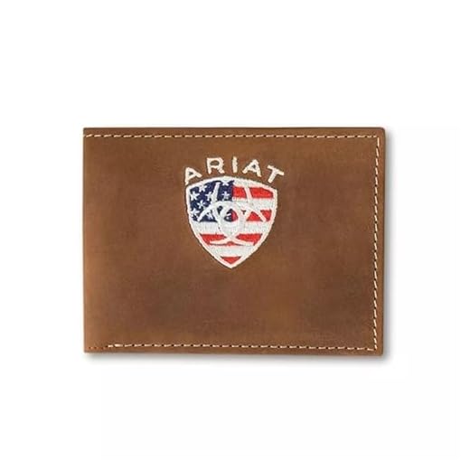 ARIAT Carteira masculina Wallet ARIAT de couro dobrável com bordado de escudo da bandeira americana, Cascas envelhecidas, 3-1/2" x 4-1/2" x 1/2", Dobrável