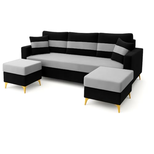 Image of SOCOZI Bastian 5 Seater L Shape Sofa Set with 2 Movable Ottomans | Flexible Layout | Soft Velvet Suede Fabric|Modern Sofa | Plush Comfort Cushions for Living Room (Black and Light Grey) | Breathable Material