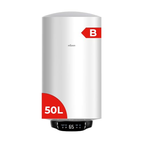Nilson Termo Eléctrico Vertical 50 Litros NT5000EADW. Display LED, Instalación Vertical, 1500W, Incluye Kit de Montaje, Resistencia de Acero inoxidable, Blanco, Eficiencia Energética Clase B