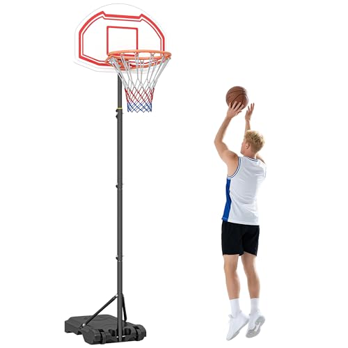HOMCOM Canestro Basket ad Altezza Regolabile con Base Riempibile e 2 Ruote, Canestro da Basket in Acciaio, PE e HDPE, 70x45x258-314cm, Rosso