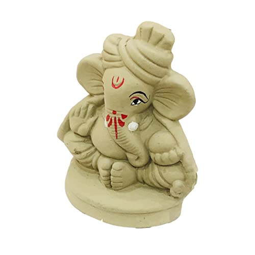 Image of Eco Friendly Handcrafted Clay /Mud Ganpati Murti Biodegradable Kacchi Mitti Ganesha Water Soluble Ganesh Idol for Ganpati Visarjan (H:4 Inch Small)