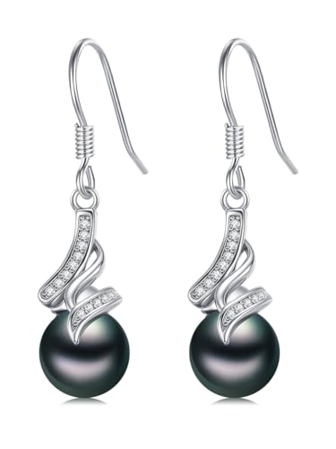 Tahitian Black Pearl Earring 18K White Gold Plated Sterling Silver Dangle Drop Earrings Black Pearl Jewelry Gifts for Women Mom