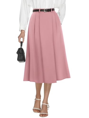 Image of Casly Lamiit A-Line Midi Skirts for Women Business Skirt | Elastic High Waisted, Pleated with Pockets, Work Skirts Casual