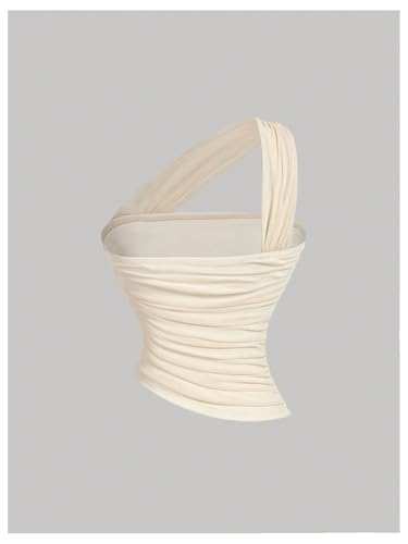 Milumia Women's One Shoulder Tops Ruched Sleeveless Mesh Halter Crop Tube Top2