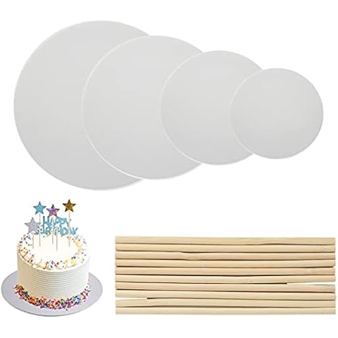 LISSUDA 4Pcs Cake Board 12 inch 6inch 8inch 10inch Wooden Cake Dowels for Tiered Cakes Round Cake Circle Base Boards Thin Cake Support Boards for Stacking Wedding Birthday Party Cakes Silver Cover