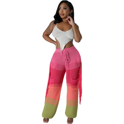 Womens Fashion High Waist Knitted Crochet Hollow Hit Color Tassel Pants Trousers Pink2
