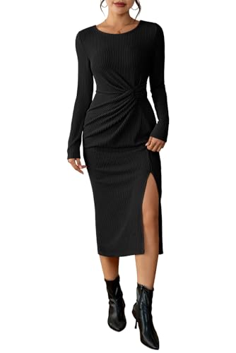 Pink Queen 2025 Women's Long Sleeve Bodycon Dress Ruched Front Side Slit Ribbed Knit Midi Dresses