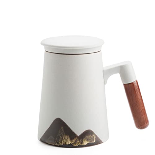 Teetasse Keramik mit Sieb und Deckel, Kaffeetasse Mit Holzgriff Und Sieb Mit Modernen Design Besondere Geschenke for Männer Und Frauen (Color : White) Cover