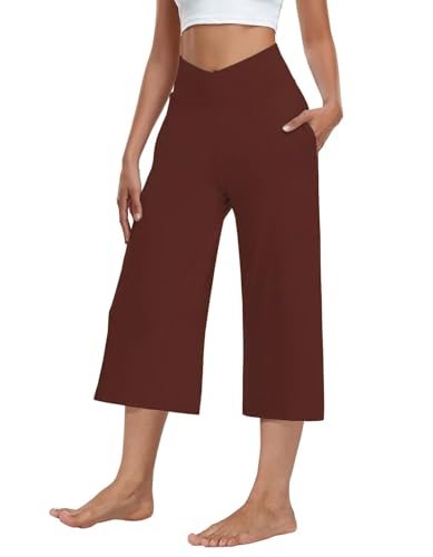 Image of Kivdol 3 Pack Womens Wide Leg Yoga Capris Crossover High Waist Casual Capri Pants Loose Soft Pajama Pockets Sweatpants