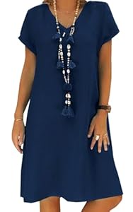 Tincini Sommerkleid Damen Leinen Kleider Casual V-Ausschnitt Midikleid Kurzarm A-Linie Kleid Strandkleid Ohne Zubehör (A Marine, XXL)