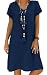 Tincini Sommerkleid Damen Leinen Kleider Casual V-Ausschnitt Midikleid Kurzarm A-Linie Kleid Strandkleid Ohne Zubehör (A Marine, XXL)