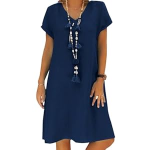 Women’s Dress Summer Linen Dresses Casual V Neck Midi Dress Short Sleeve A-line Dress Sundress Tunic Dress Without Accessories