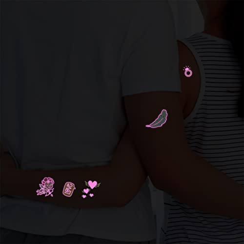 Maripabon Uv Neon Temporary Tattoos 10 Sheets Pink Love Cupid Lips Rose Shimmer Designs Love Glow In The Dark Tattoos Stickers Flash Fake Waterproof Tattoos For Women Men Girls Body Face Art #TOP3
