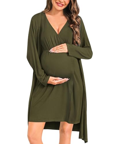 Image of LecGee Maternity Nursing Robe Labor and Delivery Gown Pregnancy Nightgown Breastfeeding Hospital Bathrobes Dress Postpartum Must Haves, Large, Army Green