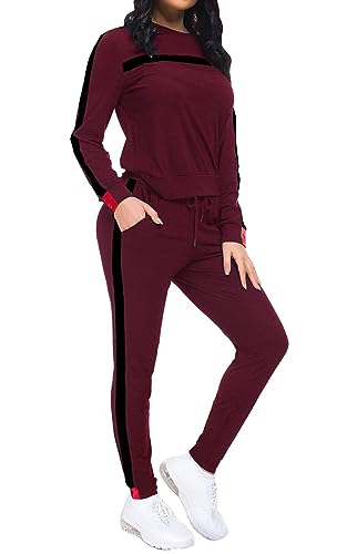 KANSOON Women Stripe Patchwork Two Piece Sweatsuit Round Neck Pullover and Skinny Long Pants Wine Red XXXL