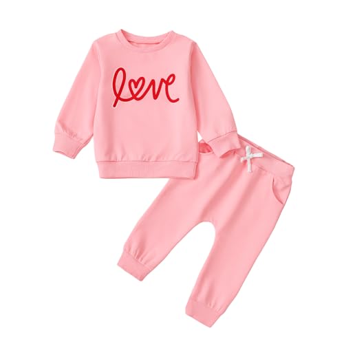 Image of NEVUQO Toddler Newborn Baby Girl Valentines Day Outfit Pink Love Sweatshirt Jogger Pants Set Cute Infant Clothes Tracksuit (Pink, 9-12 Months)
