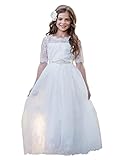MCieloLuna White Boho Long Lace Flower Girls Dress for Wedding Formal Special Occasion Lace Swing Fa