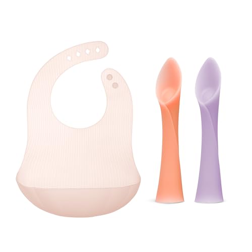 Image of Olababy Training Spoon Set (Coral/Lilac) + Olababy Fold N Go Silicone Baby Bib w Travel Case (Coral)