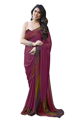 MIRCHI FASHION Women's Stylish Chiffon Colorblocked Strips Printed Saree with Blouse Piece, Magenta, One Size, Magenta, One Size