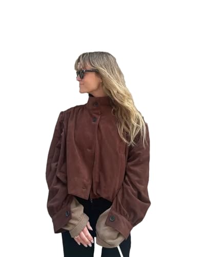 Women Retro Suede Short Jacket Elegant Stand Collar Sleeves Single Breasteds Loose Coats