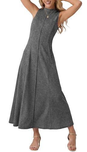 Image of GRECERELLE Women's Mock Neck Midi Dress Sleeveless Summer Dresses for Women UK Elegant A Line Ladies Casual Dresses with Pockets for Work Holiday Party (Dark Gray, L)