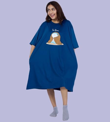 Image of LAMA STORE Women's Printed Oversized T-Shirt Dress, Cotton, 3 /4 Sleeve Length, Casual Loose Fit, Comfort Wear Extra Comfy Oversized Printed Pocket T-Shirt Dress