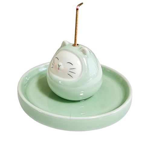 Ceramic Cat Incense Holder for Stick Incense, Cute Animal Incense Burner with Tray, Indoor Aromatherapy Decor for Home, Desk, Meditation & Relaxation