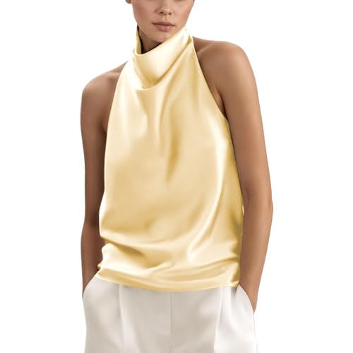 Tearsand Womens Silk Satin Tanks Draped Front Backless Halter Tops Casual Sleeveless Camis Tops Silky Summer Camisole Outfits(Yellow M)