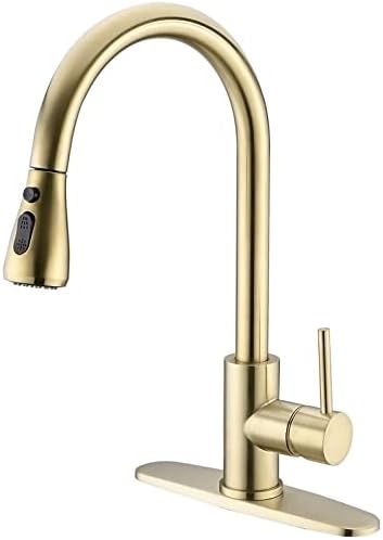 TRUSTMI Brushed Gold Kitchen Faucet, Single Deal with Pull Down Kitchen Faucet with 3 Operate Sprayer, 10 Inch Deck Plate Included, Brass
