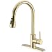 TRUSTMI Single Handle High Arc Brushed Gold Brass Pull out Kitchen Faucet,Single Level Kitchen Sink Faucets with 3 Setting Pull Down Sprayer and Deck Plate, Brushed Gold