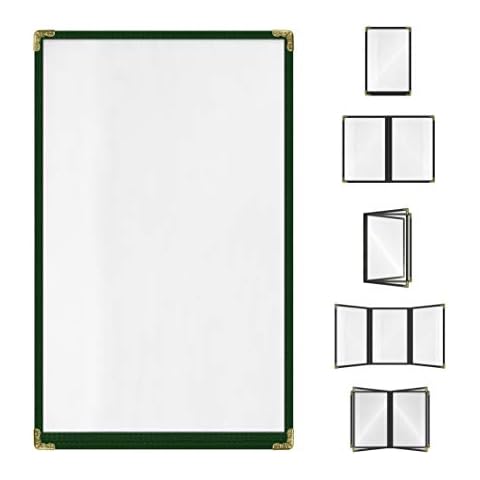Green, 25 Pack, 1 Pages / 2 Views - 8.5" x 14", Cafe Style Menu Cover, Top-Loading Double Stitched Edge, Crystal Clear Vinyl Menu Holder with Gold Decorative Corners Cover